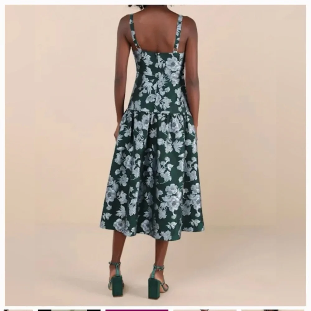Lulu’s Major Flirtation Emerald Floral Jacquard Drop Waist Midi Dress - Picture 3 of 7